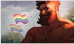  1boy absurdres asad_(axelwarriorvs) axel_(axelwarriorvs) bara beard beard_over_mouth bisexual_flag braid braided_beard commentary connected_beard day earrings english_commentary facial_hair full_beard grey_hair hairy highres jewelry large_pectorals lgbt_pride light_smile looking_at_viewer male_focus mature_male mole mole_under_eye multicolored_hair muscular muscular_male original pectorals pride_month rainbow_flag short_hair solo streaked_hair sunlight thick_beard thick_eyebrows upper_body wrinkled_skin 