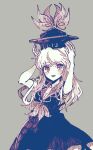  1girl arms_up black_dress black_hat breasts brown_eyes commentary_request dress gem grey_background hands_up hat itomugi-kun jewelry kamishirasawa_keine long_hair looking_up medium_breasts neckerchief open_mouth puffy_short_sleeves puffy_sleeves short_sleeves simple_background smile solo touhou white_hair white_sleeves 