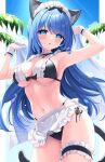  1girl @_@ animal_ear_fluff animal_ears apron armpits arms_up bare_shoulders bell bikini black_bikini black_choker blue_eyes blue_hair blush bow breasts cat_ears cat_girl cat_tail choker cleavage commentary_request detached_collar frilled_bikini frilled_choker frilled_thigh_strap frills front-tie_bikini_top front-tie_top headdress highres jewelry large_breasts maid maid_apron maid_bikini maid_headdress multi-strapped_bikini_bottom navel neck_bell open_mouth original side-tie_bikini_bottom solo stardrop stomach string_bikini swimsuit tail thigh_strap thighlet towel unconventional_maid underboob waist_apron white_apron wrist_cuffs 