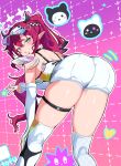  1girl absurdres ass asymmetrical_legwear asymmetrical_wings bent_over black_horns bloom_(irys) blue_eyes breasts cafelittle checkered_thighhighs commentary crystal_wings detached_wings double_halo elbow_gloves english_commentary fingerless_gloves from_behind gloom_(irys) gloves halo hand_on_own_knee heterochromia highres hololive hololive_english horns irys_(hololive) irys_(race_queenrys)_(hololive) long_hair long_pointy_ears looking_at_viewer looking_back medium_breasts mismatched_legwear mismatched_thighhighs mismatched_wings official_alternate_color open_mouth pink_eyes pointy_ears purple_hair short_shorts shorts solo star-shaped_pupils star_(symbol) star_halo symbol-shaped_pupils thighhighs very_long_hair virtual_youtuber visor_cap white_gloves white_shorts white_thighhighs wings 