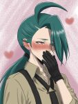  1girl absurdres ahoge black_gloves black_necktie blush bright_pupils collared_shirt commentary_request covering_own_mouth earrings gloves green_hair hand_up heart highres jewelry long_hair looking_down necktie pokemon pokemon_scarlet_and_violet ponytail rara_(raca3854) red_eyes rika_(pokemon) shirt solo stud_earrings suspenders upper_body white_pupils 