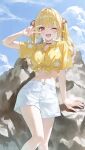  1girl :d ;d absurdres black_choker blonde_hair blue_sky blue_streaks choker cloud cloudy_sky collared_shirt commentary day hair_intakes hair_ribbon highres hoshikawa_sara long_hair looking_at_viewer midriff multicolored_hair navel nijisanji one_eye_closed open_mouth outdoors print_shirt red_ribbon ribbon rissenka shirt short_sleeves shorts sky smile solo standing star_(symbol) star_print streaked_hair tied_shirt twintails v virtual_youtuber white_shorts yellow_eyes yellow_shirt 