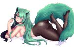  1girl :p ;p absurdres animal_ears ass black_hair black_shoes blush breasts brown_pantyhose cat_ears cat_girl cat_tail commentary english_commentary eyelashes gadielart green_eyes green_hair hair_ornament high_heels highres indie_virtual_youtuber lace_pantyhose_hooked_on_heel_(meme) long_hair lying meme mintzey_moon multicolored_hair on_stomach one_eye_closed pantyhose pasties second-party_source shoes simple_background solo star_(symbol) star_pasties tail thighs tongue tongue_out topless_female twirling_hair virtual_youtuber white_background white_hair 
