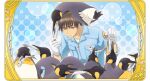  1boy animal animal_on_head bird bird_on_head blue_background blue_shirt border brown_hair cardcaptor_sakura feeding fish food_in_mouth frown gloves holding holding_animal holding_fish kinomoto_touya male_focus official_art on_head ornate_border penguin shirt short_hair solo split_mouth third-party_source white_gloves 