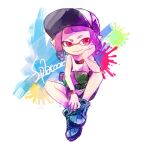  1girl baseball_cap black_hat blue_shoes blunt_bangs bracelet closed_mouth commentary_request copyright_name fingernails full_body hand_on_own_face hat head_rest inkling inkling_girl inkling_player_character jewelry pointy_ears purple_hair red_eyes shoes short_hair sidelocks sitting smile solo splatoon_(series) splatter tank_top tentacle_hair weapon_request white_background white_tank_top yuno_asanagi 