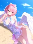  1girl armlet beach bead_armlet blue_sky bracelet breasts closed_mouth cloud commentary_request covered_navel feathered_wings frilled_one-piece_swimsuit frills hair_between_eyes hair_ornament highres jewelry large_breasts looking_at_viewer lying medium_hair mole mole_on_breast multiple_bracelets multiple_moles official_alternate_costume on_side one-piece_swimsuit outdoors pink_hair purple_eyes purple_sarong red_nails remielle_dan remielle_dan_(seashade_pas_seul) sand sarong shell shell_hair_ornament sky smile solo sparkle swimsuit uixy white_wings wings zenless_zone_zero 