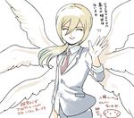 afuro_terumi angel_wings blonde_hair blue_hair closed_eyes formal inazuma_eleven_(series) inazuma_eleven_go long_hair male_focus mizuhara_aki multicolored_hair multiple_wings necktie older open_mouth overexposure ponytail seraph solo suit translation_request two-tone_hair waving wings 