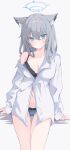  1girl absurdres animal_ears blue_archive blue_bra blue_eyes blue_halo blue_panties blush bra breasts cleavage closed_mouth clothes_lift commentary_request grey_hair hair_ornament halo highres looking_at_viewer medium_breasts medium_hair mismatched_pupils nui_(nuinui0300) panties shiroko_(blue_archive) shirt shirt_lift solo thighs underwear white_background white_shirt wolf_ears 