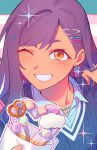  1girl black_hair bloocheaz churro collared_shirt commentary earrings english_commentary food glint grin hair_ornament hairclip hands_up highres holding holding_food jewelry long_hair looking_at_viewer marshmallow multiple_hairclips necklace official_alternate_costume one_eye_closed orange_eyes pretzel project_sekai shiraishi_an shirt smile solo sparkle star_(symbol) star_hair_ornament v-neck wing_collar 