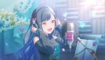  1girl :d arms_up bare_shoulders black_hair black_shirt blue_hair blue_theme blurry blurry_background breasts clothing_cutout colorful_palette depth_of_field dot_nose game_asset gradient_hair hair_ornament hairclip happy_birthday headphones highres indoors jewelry light_particles long_hair long_sleeves microphone multicolored_hair musical_staff necklace official_art open_mouth orange_eyes project_sekai puffy_long_sleeves puffy_sleeves shiraishi_an shirt shoulder_cutout sidelighting small_breasts smile solo star_(symbol) star_hair_ornament studio_microphone swept_bangs third-party_source tongue triangle 