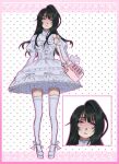  1girl alien_stage applecrushr bag bag_charm black_hair bow charm_(object) commentary dress dress_bow frown highres itabag juliet_sleeves long_hair long_sleeves multiple_views pink_bag platform_shoes puffy_sleeves purple_eyes shoes shoulder_bag sua_(alien_stage) thighhighs white_bow white_dress white_shoes white_thighhighs 