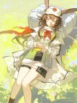  1girl absurdres amiya_(arknights) amiya_(seedsower)_(arknights) animal_ears arknights blue_flower brown_hair chinese_commentary closed_eyes closed_mouth coat commentary_request dress ears_through_headwear feet_out_of_frame flower grass hair_between_eyes hat highres holding holding_flower long_hair long_sleeves lying neckerchief official_alternate_costume on_back open_clothes open_coat orange_neckerchief own_hands_together plant short_dress siyeye sleeping solo thigh_strap turtleneck turtleneck_dress white_coat white_dress white_flower white_hat 