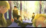  3boys 4girls azuma_shino_(seihantai_na_kimi_to_boku) black_coat black_hair black_hat black_jacket blue_eyes blurry brown_eyes brown_hair cellphone_photo coat commentary_request day earrings es_limi everyone forest group_picture hands_in_pockets hat highres jacket jewelry letterboxed long_hair long_sleeves looking_at_viewer looking_back motion_blur multiple_boys multiple_girls nature open_mouth outdoors pink_hair satou_aoi_(seihantai_na_kimi_to_boku) seihantai_na_kimi_to_boku short_hair shrine sitting sitting_on_stairs smile stairs sunlight suzuki_miyu sweater taira_shuuji tani_yuusuke thumbs_up torii tree v watanabe_manami waving yamada_kentarou yellow_eyes 