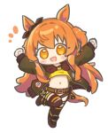  1girl :d ^^^ animal_ears arms_up belt belt_buckle blush bomber_jacket boots bow brown_belt brown_ribbon brown_thighhighs buckle chibi chibi_only crop_top dog_tags ear_bow ear_ribbon full_body green_jacket horse_ears horse_girl horse_tail jacket leg_up long_hair long_sleeves looking_at_viewer mayano_top_gun_(scramble_zone)_(umamusume) mayano_top_gun_(umamusume) midriff navel open_clothes open_jacket open_mouth orange_eyes orange_hair orange_tail ribbon shirt shorts simple_background smile solo standing standing_on_one_leg ta93ura tail thighhighs two_side_up umamusume white_background white_shorts yellow_shirt 
