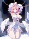  1girl absurdres armpits arms_up breasts chain commentary detached_sleeves dress fangai-anmian feathered_wings highres kneeling large_breasts looking_at_viewer low_wings pink_eyes pink_hair purple_eyes remielle_dan smile solo thighhighs white_dress white_sleeves white_thighhighs white_wings wings zenless_zone_zero 