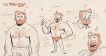  ! !! 1boy :d bags_under_eyes bara beard beard_over_mouth collage commentary connected_beard dibuu_art english_commentary english_text facial_hair full_beard full_body hairy highres index_finger_raised large_pectorals looking_at_viewer male_focus marco_(dibuu) missing_tooth multiple_expressions muscular muscular_male navel nipples orange_theme original pectorals plump pointing_out_the_details short_hair simple_background smile solid_circle_eyes sparse_arm_hair sparse_chest_hair sparse_leg_hair sparse_navel_hair standing stomach topless_male unkempt 