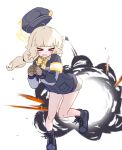  >_< 1girl aoba_(blue_archive) armband blue_archive blue_hat blue_jacket blue_shoes boots bow bowtie brown_shirt brown_skirt caffeinesonsari closed_eyes collar collared_shirt crying explosion fluffy_hair halo hat highlander_railway_academy_logo highres jacket knees lace-up_boots long_sleeves low_twintails miniskirt newsboy_cap orange_armband orange_halo peaked_cap shirt shoes skirt solo tears twintails yellow_armband yellow_bow yellow_bowtie yellow_halo 
