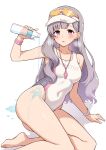  1girl absurdres barefoot blush bottle breasts commentary_request competition_swimsuit covered_navel grey_hair hair_down highres holding holding_bottle idolmaster idolmaster_shiny_colors karua_(karua23) long_hair looking_at_viewer medium_breasts official_alternate_costume one-piece_swimsuit pouring purple_eyes simple_background sitting solo swimsuit visor_cap water_bottle whistle whistle_around_neck white_background white_one-piece_swimsuit yukoku_kiriko 