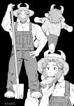  1boy absurdres armpit_hair armpits arms_up asgore_dreemurr bara beard biceps black_background blush character_name chibi closed_eyes collarbone commentary english_commentary facial_hair fangs floppy_ears furry furry_male goat_horns goat_tail greyscale hand_on_own_hip hat highres holding holding_shovel horns horns_through_headwear looking_at_viewer male_focus monochrome multiple_views muscular muscular_male nebanaka_(m40qf) open_mouth overalls pectoral_cleavage pectorals shovel skin_fangs smile sun_hat tail utdr_(toby_fox) 