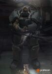  1boy ammunition_belt arm_guards armor armored_boots boots breastplate brown_hair browning_m2 cat english_commentary exoskeleton full_armor full_body gas_mask gun hammk heavy_machine_gun helmet holding holding_unworn_helmet leg_armor machine_gun male_focus mask military original patreon_logo patreon_username pauldrons science_fiction short_hair shoulder_armor solo spotlight standing tabby_cat thigh_armor unworn_headwear unworn_helmet weapon web_address 