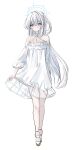  1girl absurdres alternate_costume blue_archive blue_halo breasts cleavage clothes_lift clothing_cutout collarbone commentary_request double-parted_bangs dress dress_lift full_body hair_between_eyes halo highres kuechiapin long_hair looking_at_viewer miyako_(blue_archive) one_side_up purple_eyes shoes shoulder_cutout simple_background small_breasts solo thighs very_long_hair walking white_background white_dress white_hair white_shoes 