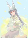  absurdres animal_ear_fluff animal_ears baccapy0806 black_hair black_skirt blue_sky bouquet closed_mouth commentary day flower fox_ears fox_girl hat highres holding holding_bouquet hoshimi_miyabi long_hair looking_at_viewer outdoors petals red_eyes scarf sitting skirt sky smile sweater white_flower white_sweater zenless_zone_zero 