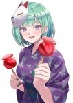  1girl :d absurdres butterfly_print_kimono candy_apple commentary ear_piercing earrings food fox_mask green_nails highres holding holding_candy_apple holding_food inumugi japanese_clothes jewelry kimono looking_at_viewer mask mask_on_head nail_polish obi piercing purple_eyes purple_kimono sash short_hair signature simple_background smile solo untranslatable_commentary virtual_youtuber vspo! white_background yakumo_beni yukata 