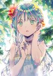  :o adjusting_hair bare_shoulders day dress dsmile flower green_eyes green_hair hair_flower hair_ornament leaf long_hair looking_at_viewer md5_mismatch nail_polish open_mouth original outdoors sleeveless sleeveless_dress solo sundress sunlight tree upper_body white_dress 
