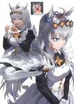  >_< 1girl absurdres ak8531848 alternate_costume animal_ears apron black_shoes blue_eyes brown_hair cake cake_slice closed_eyes closed_mouth commentary eating food fork grey_hair high_heels highres holding holding_fork holding_plate horse_ears horse_girl horse_tail long_hair long_sleeves maid maid_apron maid_headdress multicolored_hair oguri_cap_(umamusume) open_mouth pantyhose plate puffy_long_sleeves puffy_sleeves shoes sitting tail two-tone_hair umamusume very_long_hair wariza white_pantyhose 