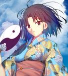  1girl black_eyes black_hair blue_kimono breasts cloud cloudy_sky commentary_request duplicate food_print fruit_print hand_fan highres iro_(sekaixiro) japanese_clothes kara_no_kyoukai kimono lemon_print looking_at_viewer obi open_mouth outdoors pixel-perfect_duplicate print_kimono ryougi_shiki sash short_hair sky solo tuanshan upper_body wide_sleeves yin_yang yin_yang_print 