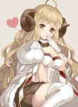  ahoge anila_(granblue_fantasy) blonde_hair breasts cleavage draph eyebrows gloves granblue_fantasy hand_to_own_mouth heart horns large_breasts long_hair looking_at_viewer pleated_skirt riffey sheep_horns simple_background sitting skirt smile solo thighhighs white_gloves white_legwear yellow_eyes zettai_ryouiki 
