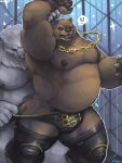  ! !! 2boys animal_ears arms_up artist_name bara bear_boy bear_ears bear_tail belly ben_bigger biceps black_male_underwear brown_fur chain chain_necklace claws commentary english_commentary fangs furry furry_male grabbing_another's_arm jewelry kiryumachina looking_at_another looking_back male_focus male_underwear multiple_boys necklace nipples open_mouth pawpads pectorals plump scar scar_across_eye scar_on_face speech_bubble spoken_exclamation_mark tail underwear white_fur wrestling_outfit zenless_zone_zero 