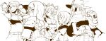  1boy 4girls 5girls ahoge armor blush bow breasts cleavage closed_mouth dark_hunter_(sekaiju) dark_hunter_4 drill_hair fingernails from_behind hair_bow hair_ribbon hand_up hat highres holding long_hair looking_at_viewer medic_(sekaiju) medic_2_(sekaiju) medium_breasts midriff monochrome multiple_girls navel paladin_(sekaiju) paladin_2_(sekaiju) pauldrons profile ranger_(sekaiju) ranger_4_(sekaiju) ribbon ryoutya sailor_collar sekaiju_no_meikyuu sekaiju_no_meikyuu_1 short_hair shoulder_armor simple_background smile standing sweatdrop swordsman_(sekaiju) swordsman_1_(sekaiju) twin_drills upper_body white_background 