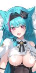  1girl animal_ear_fluff animal_ears aqua_eyes aqua_hair arukamikad black_dress breasts cat_ears cat_girl censored censored_nipples colored_eyelashes commentary_request cropped_shirt dakimakura_(medium) dress highres long_hair looking_at_viewer lying mint_(nte) multicolored_hair neverness_to_everness on_back open_mouth pink_streaks shirt solo streaked_hair two-tone_hair very_long_hair white_shirt 