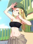  1girl ;) artist_name bandana bare_shoulders black_tube_top blonde_hair blue_eyes breasts clothes_around_waist commentary cowboy_shot dirty dirty_face ear_piercing fullmetal_alchemist green_bandana highres long_hair midriff navel one_eye_closed outdoors patreon_logo patreon_username piercing smile solo strapless tobias_wheller tube_top winry_rockbell 