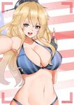  american_flag artist_name bikini blonde_hair blue_eyes breasts cleavage commentary fingerless_gloves gloves hat highres iowa_(kantai_collection) kantai_collection large_breasts long_hair looking_at_viewer navel norman_maggot open_mouth smile solo star star-shaped_pupils striped striped_bikini swimsuit symbol-shaped_pupils teeth 