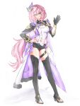  1girl black_boots black_gloves black_shorts black_shrug blue_eyes boots breasts chinese_commentary commentary_request corset elf elysia_(honkai_impact) elysia_(miss_pink_elf)_(honkai_impact) gauntlets gloves hair_ornament highres honkai_(series) honkai_impact_3rd long_hair looking_at_viewer medium_breasts pink_hair pointy_ears short_shorts shorts shrug_(clothing) simple_background single_gauntlet smile soistesimmer61231 solo thigh_boots thighs very_long_hair white_background white_corset 