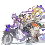  3girls absurdres arknights black_hair black_shoes blonde_hair blue_hair boots closed_mouth colored_skin commentary dragon_girl dragon_horns dragon_tail grape_(grapedraws) grey_hair highres horns jie_(arknights) jun_(arknights) looking_to_the_side motor_vehicle motorcycle multicolored_hair multiple_girls open_mouth purple_hair purple_skin shoes shu_(arknights) siblings simple_background sisters smile sweat tail white_background 