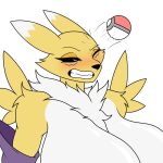 1:1 annoyed anthro arm_tuft armwear bandai_namco big_breasts black_eyes blush breasts clenched_teeth clothing digimon digimon_(species) eyelashes female fur glistening glistening_breasts hi_res hit_in_face hotfilk huge_breasts multicolored_ears neck_tuft nintendo one_eye_closed pokeball pokemon renamon shoulder_tuft simple_background solo teeth tuft two_tone_ears white_background white_body white_fur yellow_body yellow_fur