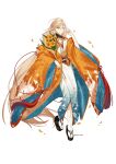  1boy absurdres alternate_costume artist_name asa_no_ha_(pattern) black_sandals black_sash black_shrug blonde_hair blue_coat blue_kimono bouquet braid braided_bangs cherry_blossom_print closed_mouth coat cowlick daffodil daffodil_print earrings english_commentary floral_print floral_print_coat floral_print_kimono flower flower_knot flower_wand full_body gradient_clothes gradient_kimono green_eyes hair_between_eyes hand_up haori_himo highres holding holding_bouquet holding_wand japanese_clothes jewelry kikumon kimono long_hair long_sleeves looking_at_viewer low-tied_long_hair male_focus mixed-language_commentary off_shoulder okobo orange_coat petals platform_sandals print_kimono rope_belt sakuramon sandals sash shrug_(clothing) side_braid simple_background smile socks solo stud_earrings tabi tassel teaiyuh the_tale_of_food tucking_hair two-sided_coat two-sided_fabric very_long_hair waist_sash wand white_background white_kimono white_socks wide_sleeves yangzhou_fried_rice_(the_tale_of_food) yellow_flower yellow_petals 