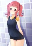  1girl blue_one-piece_swimsuit breasts commentary_request dated hat highres looking_at_viewer old_school_swimsuit one-piece_swimsuit original parted_lips red_eyes red_hair school_swimsuit shibacha small_breasts solo standing swim_cap swimsuit tile_wall tiles twintails twitter_username unworn_swim_cap yellow_hat 