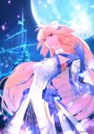  1girl archetype_earth archetype_earth_(third_ascension) arcueid_brunestud backless_dress backless_outfit blonde_hair blue_gloves blue_moon blue_petals blue_ribbon bow breasts castle cleavage collar commentary detached_collar detached_sleeves dress dress_bow falling_petals fate/grand_order fate_(series) floating_hair flower full_moon gloves gradient_hair hair_flower hair_ornament hair_ribbon hand_up highres long_hair looking_at_viewer marble_phantasm millennium_castle_(tsukihime) moon multicolored_hair night petals pink_hair red_eyes reluvy ribbon serious single_hair_intake solo standing staring two-tone_dress two-tone_hair very_long_hair white_collar white_dress white_flower white_sleeves wide_sleeves 