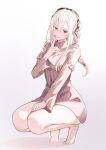  1girl absurdres bare_shoulders braid breasts colored_eyelashes commentary_request cream dress echidna_(re:zero) feet finger_to_mouth full_body hair_between_eyes hair_ribbon highres hikimori_hikiko licking licking_finger light_blush long_hair long_sleeves looking_at_viewer medium_breasts official_alternate_costume re:zero_kara_hajimeru_isekai_seikatsu ribbed_dress ribbon single_braid smile solo sweater sweater_dress thighs tongue turtleneck turtleneck_dress white_background white_eyelashes white_hair 