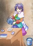  1girl :q ability_card_(touhou) absurdres blue_eyes blue_hair brown_background bucket cape closed_mouth commentary dress east-west_crossover fine_art_parody hairband highres kakineko looking_at_viewer multicolored_dress multicolored_hairband parody pouring short_hair sky_print smile solo tenkyuu_chimata the_milkmaid tongue tongue_out touhou translated white_cape 