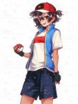  1girl ash_ketchum blue_shorts blue_vest breasts brown_eyes brown_hair cowboy_shot fingerless_gloves genderswap genderswap_(mtf) gloves hair_between_eyes hat highres holding holding_poke_ball one_side_up open_mouth poke_ball pokemon pokemon_(anime) pokemon_journeys red_hat shirt short_hair short_sleeves shorts simple_background small_breasts solo sucui_jiangxiang_bing tan teeth too_many_watermarks upper_teeth_only vest watermark white_background white_shirt 