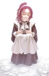 1girl absurdres aisha_greyrat apron ascot black_dress broken_plate closed_eyes commentary dress grin harstor high_ponytail highres index_fingers_together long_dress maid maid_apron maid_headdress medium_hair mushoku_tensei plate ponytail red_hair shards simple_background smile solo squatting waist_apron waist_ribbon white_apron white_ascot white_background 