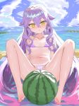  1girl absurdres barefoot bikini blue_sky blush cloud cloudy_sky commentary_request feet flat_chest food fruit highres honkai_(series) honkai_impact_3rd long_hair looking_at_viewer masita_(kcsf3528) micro_bikini navel ocean purple_hair sirin sky solo stomach striped_bikini striped_clothes swimsuit toes very_long_hair watermelon yellow_eyes 
