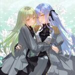  2girls absurdres ascot bang_dream! bang_dream!_it's_mygo!!!!! black_ascot black_hair black_ribbon closed_mouth commentary_request earrings epaulettes fingerless_gloves flower gloves green_hair grey_hair grey_pantyhose hair_ribbon hand_on_another's_waist highres jewelry juliet_sleeves long_hair long_sleeves multicolored_hair multiple_girls open_mouth pantyhose puffy_sleeves ribbon sakura_amano sidelocks togawa_sakiko two-tone_hair wakaba_mutsumi yellow_eyes yuri 
