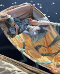  1girl absurdly_long_hair absurdres aqua_hair blue_background blue_dress boat closed_eyes commentary dana_(ocana_dana) day dress english_commentary flower full_body hair_ribbon hand_on_own_thigh hat hat_flower hatsune_miku highres long_hair lying no_shoes on_boat outdoors paddle petals puffy_short_sleeves puffy_sleeves ribbon short_sleeves sleeping solo thighhighs thighs very_long_hair vocaloid watercraft white_thighhighs 