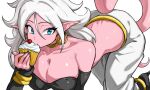  1girl android_21 bare_shoulders blue_eyes breasts cake cleavage collarbone colored_skin commentary_request dragon_ball dragon_ball_fighterz earrings eating food hair_between_eyes hoop_earrings jewelry large_breasts long_hair looking_at_viewer majin_android_21 pants pink_skin pink_tail pointy_ears simple_background solo tail takundraws white_background white_pants 